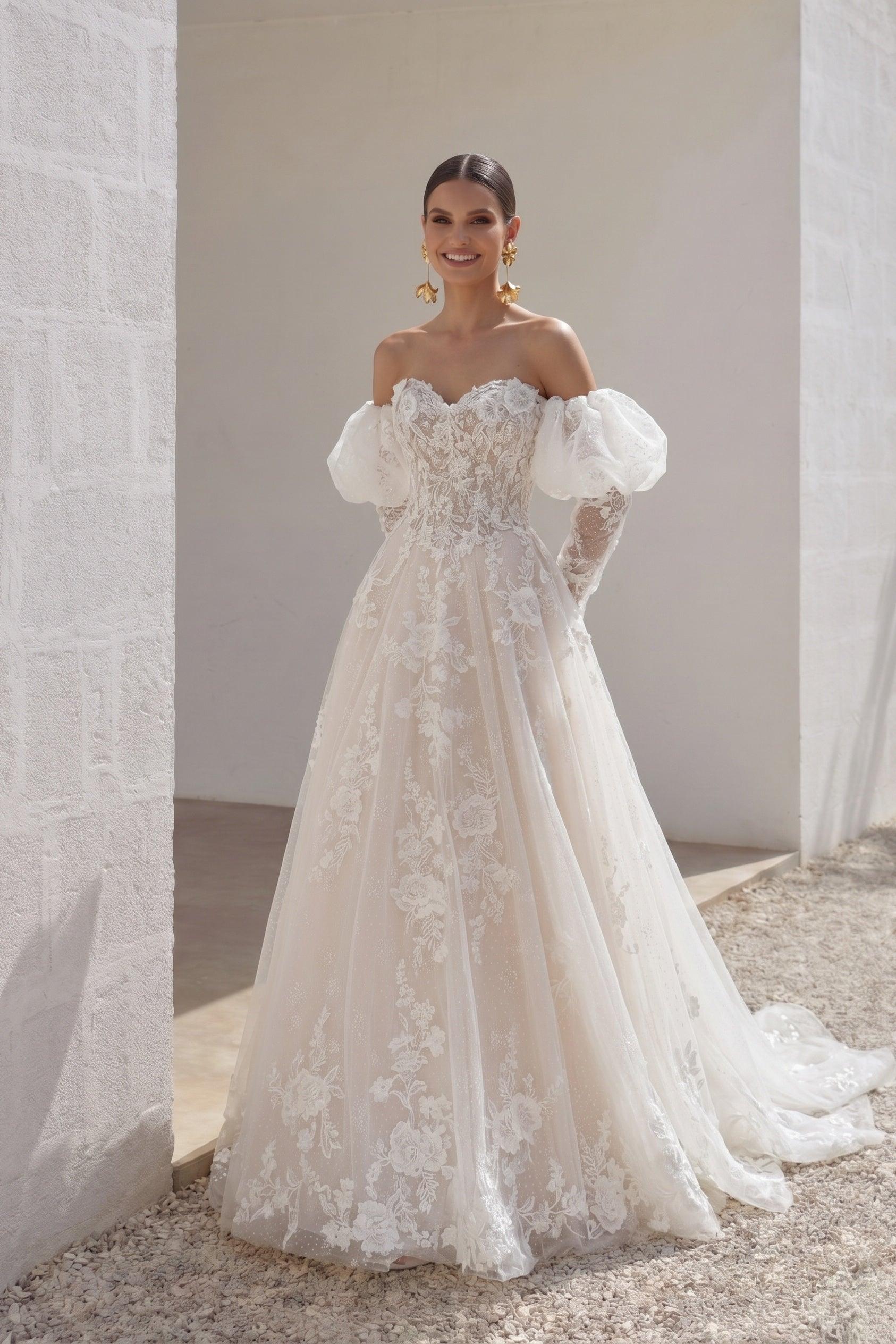 A-Line Chapel Train Sparkle Tulle Wedding Dress CW3004 - 45 Days / As Picture:Ivory/Nude / US0-UK2-EUR30 - COCOMELODY